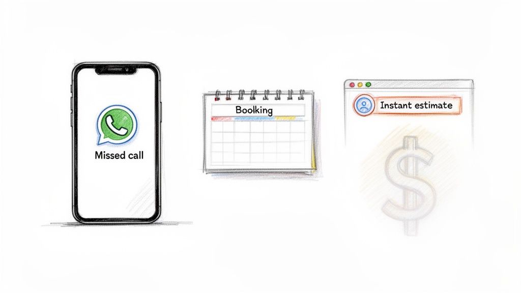 Sketch of a missed call on a phone, a calendar for booking, and an instant estimate screen with a dollar sign.