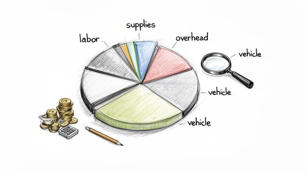 A hand-drawn pie chart breaks down business expenses including labor, supplies, overhead, and vehicle costs.