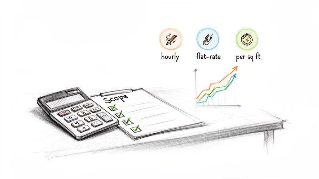 Illustration showing a calculator, a 'Scope' checklist, and icons for hourly, flat-rate, and per sq ft pricing, alongside a growth chart.