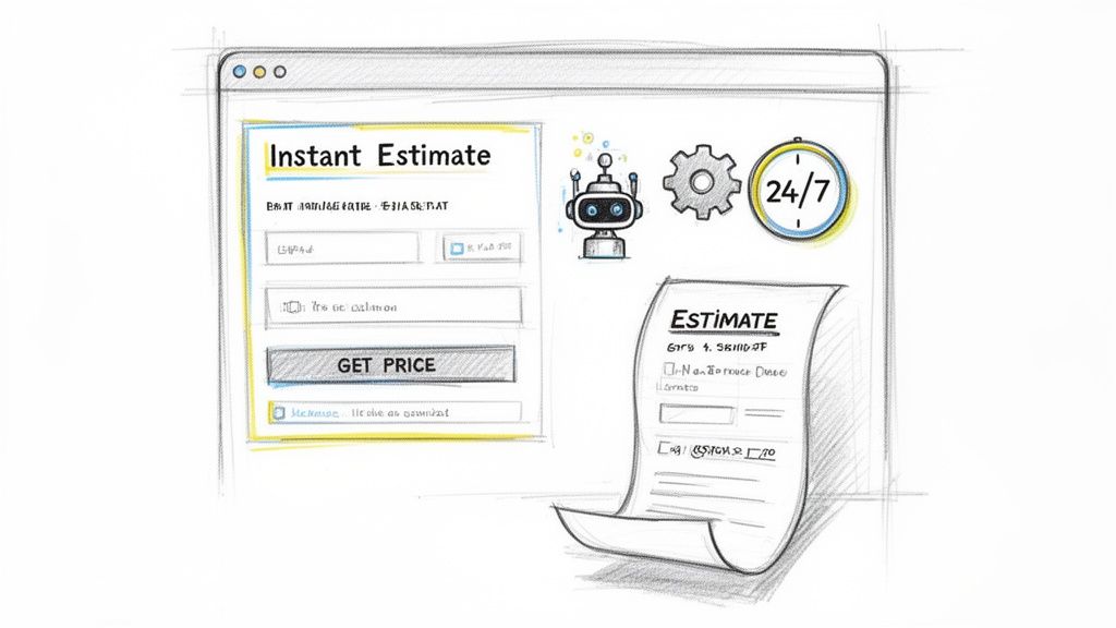 A sketch of an 'Instant Estimate' web interface showing input fields, a robot, and a 24/7 clock.