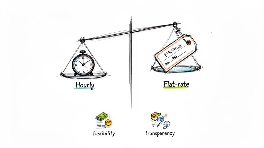 A drawing compares hourly (clock) and flat-rate (price tag) pricing models on a scale, showing flexibility and transparency.