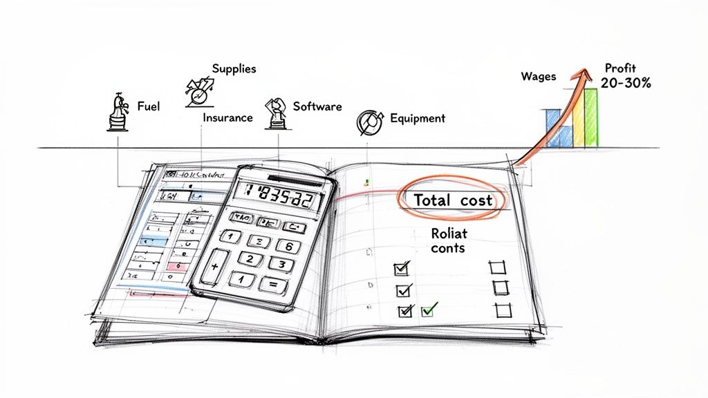A sketch showing business expenses, a calculator, total cost, and profit margins.