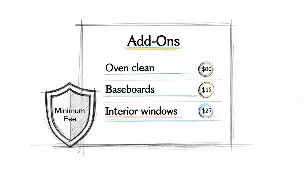 Hand-drawn cleaning service add-ons list: oven clean ($0), baseboards ($25), interior windows ($25), and a minimum fee.