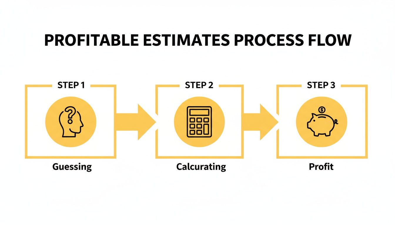 A process flow diagram illustrating three steps to profitable estimates: guessing, calcuring, and profit.