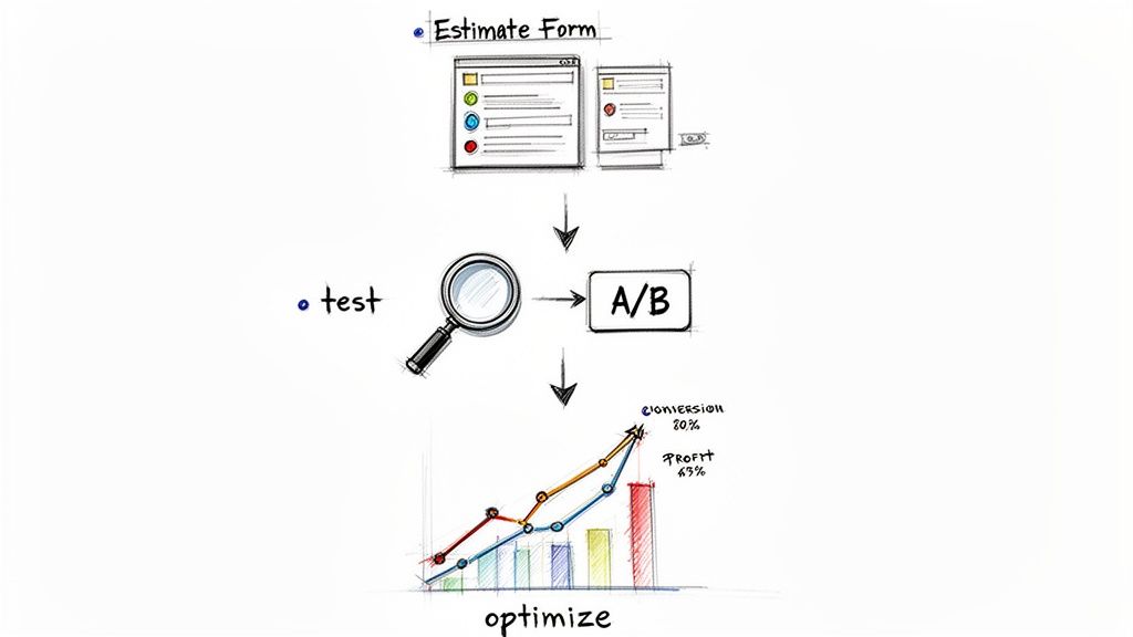 Workflow illustrating A/B testing of estimate forms, leading to optimization, increased conversion, and profit.