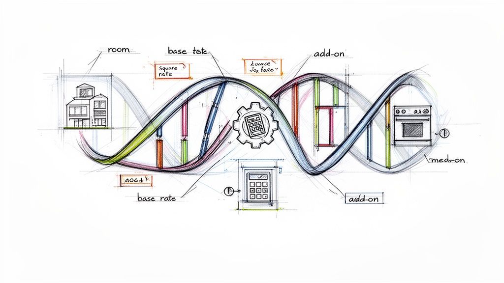 A DNA helix diagram illustrates various rates, add-ons, and factors for cost calculation.