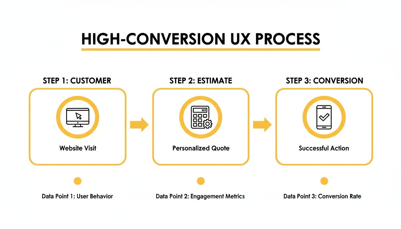 Diagram showing a high-conversion UX process with steps: website visit, personalized quote, and successful action.