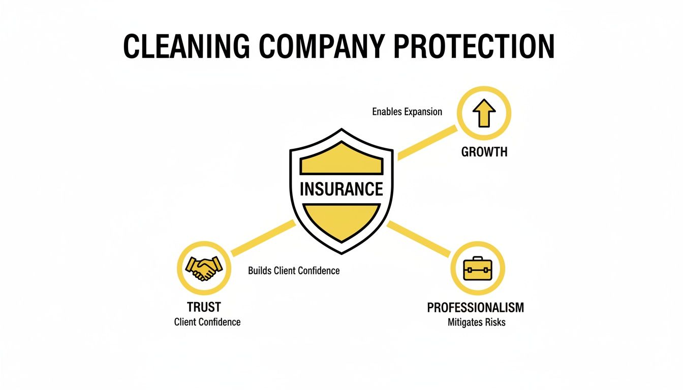 Diagram illustrating how insurance provides cleaning company protection, leading to growth, trust, and professionalism.