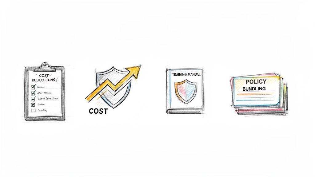 Illustrations showing a cost reductions checklist, cost shield with an arrow, training manual, and policy bundling.