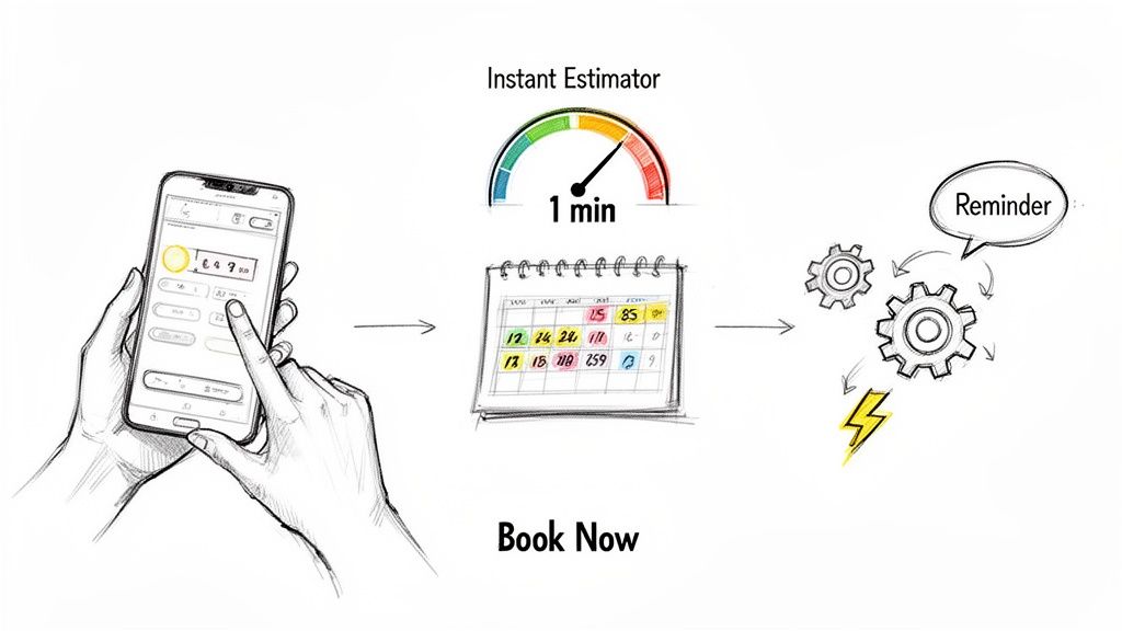 Process flow: Use a mobile app for instant estimates, book appointments, and receive reminders.