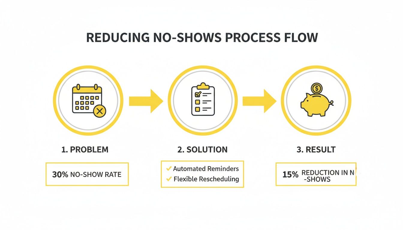 Process flow demonstrating reducing no-shows: 30% problem, solutions like automated reminders, resulting in 15% reduction.