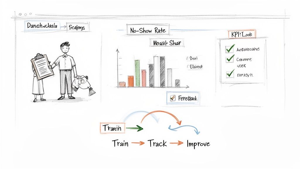 A sketch illustrating a business process, showing a 'No-Show Rate' chart, KPI checklist, and a 'Train-Track-Improve' workflow.