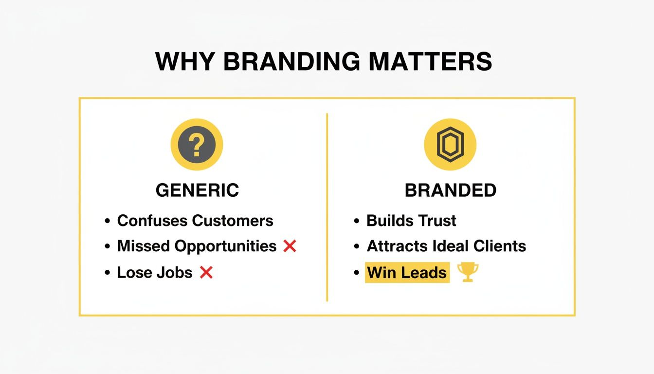 A visual comparison demonstrating why branding matters, contrasting generic approaches with branded benefits like trust and lead generation.