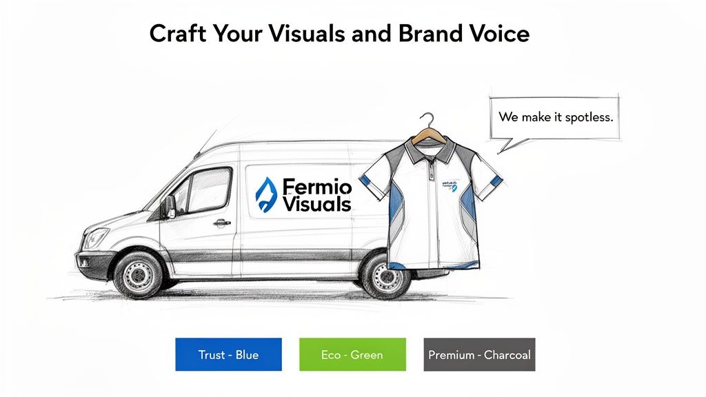 A sketch showing a branded delivery van and polo shirt for Fermio Visuals, with a cleaning slogan and color palette.