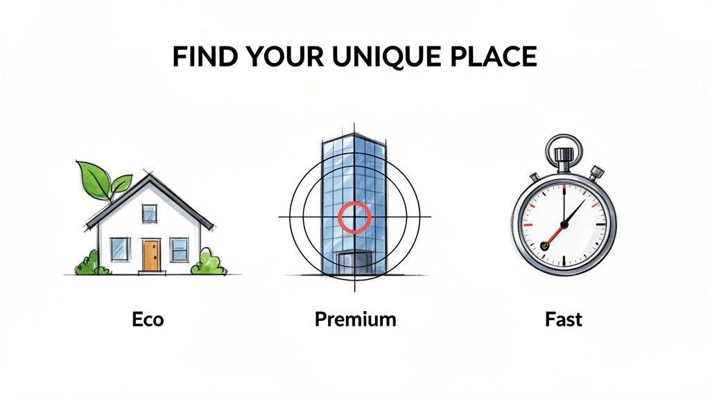 Illustration presenting three options for finding a unique place: eco-friendly home, premium building, and fast service.