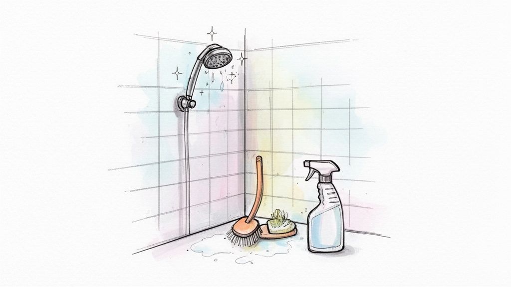 A sparkling clean shower head, brush, soap, and spray bottle in a bathroom corner.