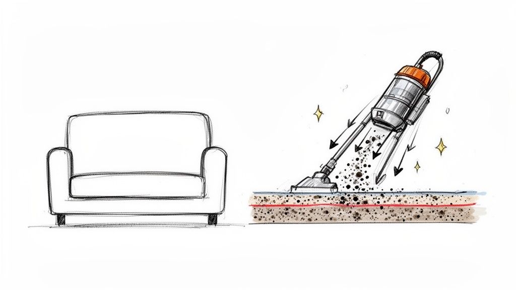 Illustration showing a vacuum cleaner deep cleaning a dirty carpet, with a couch nearby.