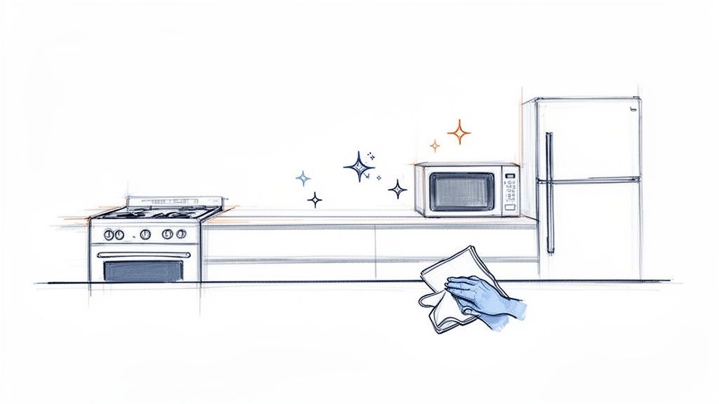 A sketch shows a hand cleaning a kitchen counter with a stove, microwave, and refrigerator. Sparkles indicate cleanliness.