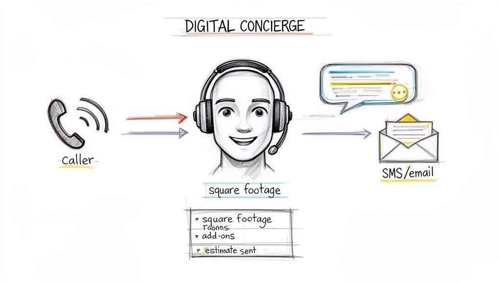 A diagram illustrating a digital concierge service processing caller inquiries and sending estimates via SMS/email.