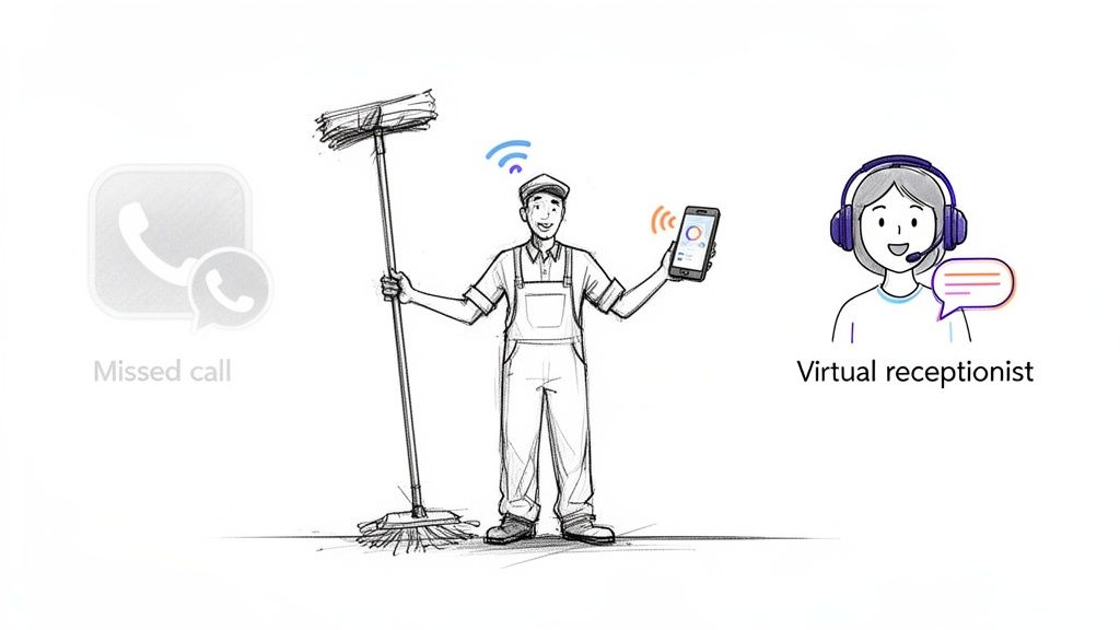 A janitor with a broom and smartphone connects to a virtual receptionist after a missed call.