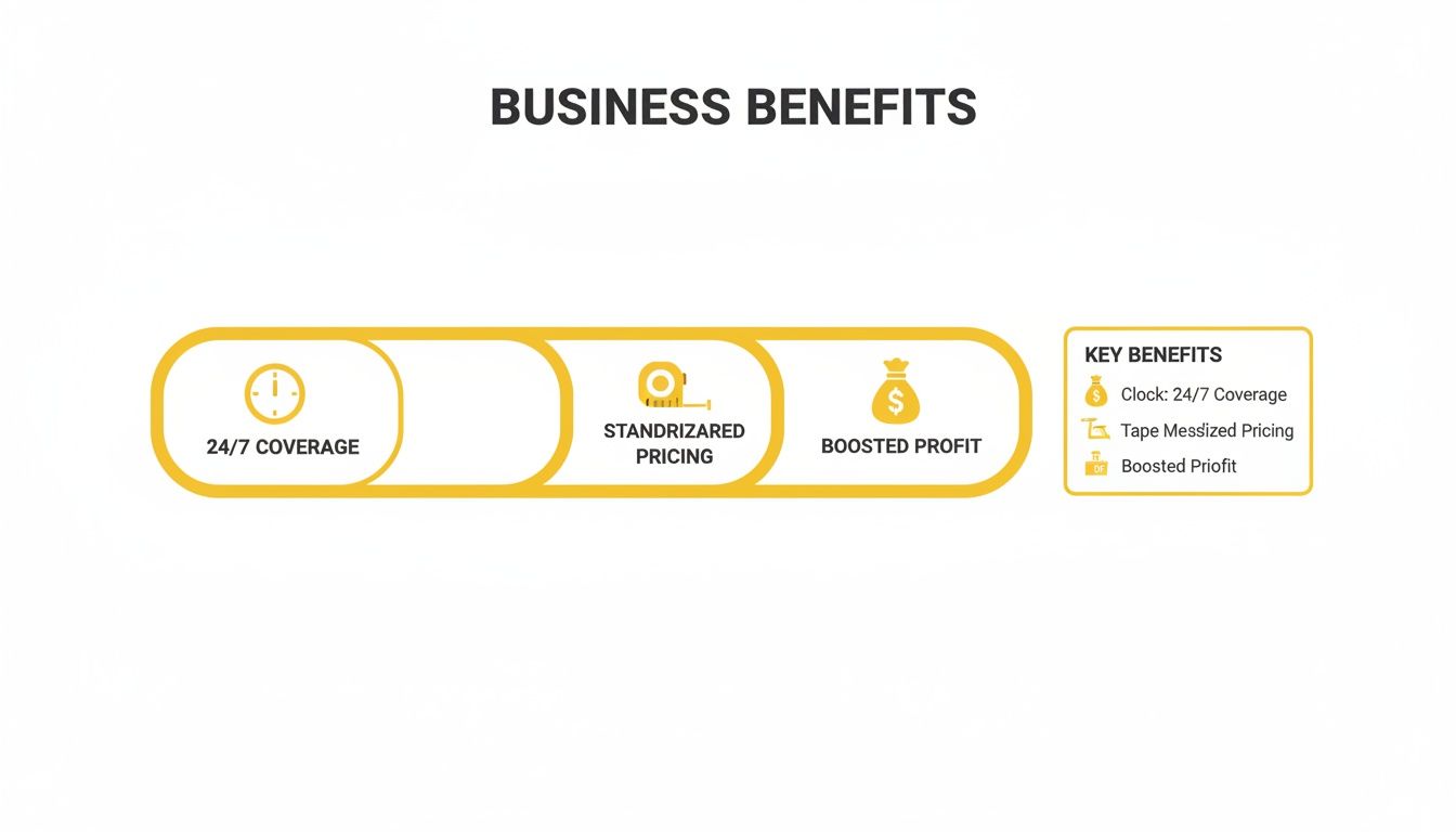 An infographic showcasing business benefits including 24/7 coverage, standardized pricing, and boosted profit.