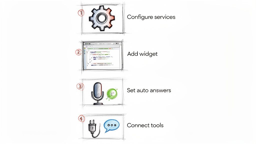 A four-step guide illustrating how to configure services, add widgets, set auto answers, and connect tools.
