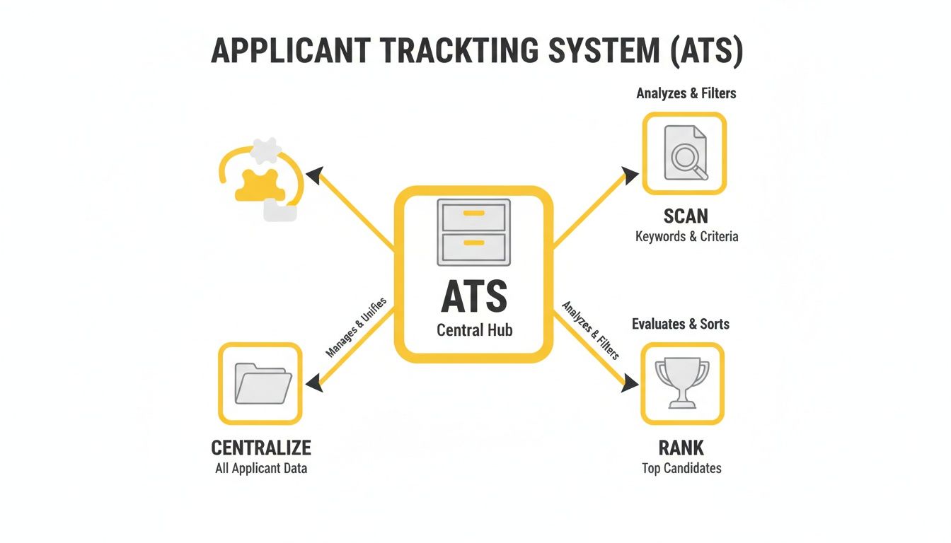 Diagram illustrating the core functions of an Applicant Tracking System (ATS) including data centralization, scanning, and ranking.
