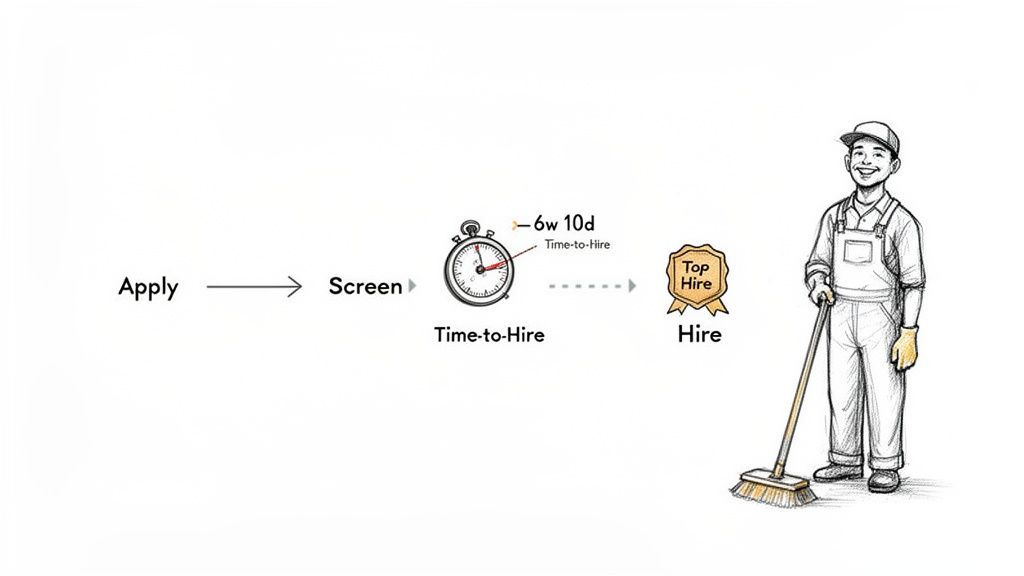 A recruitment flowchart shows steps: Apply, Screen, Time-to-Hire (6 weeks, 10 days), and Top Hire, featuring a cleaner.