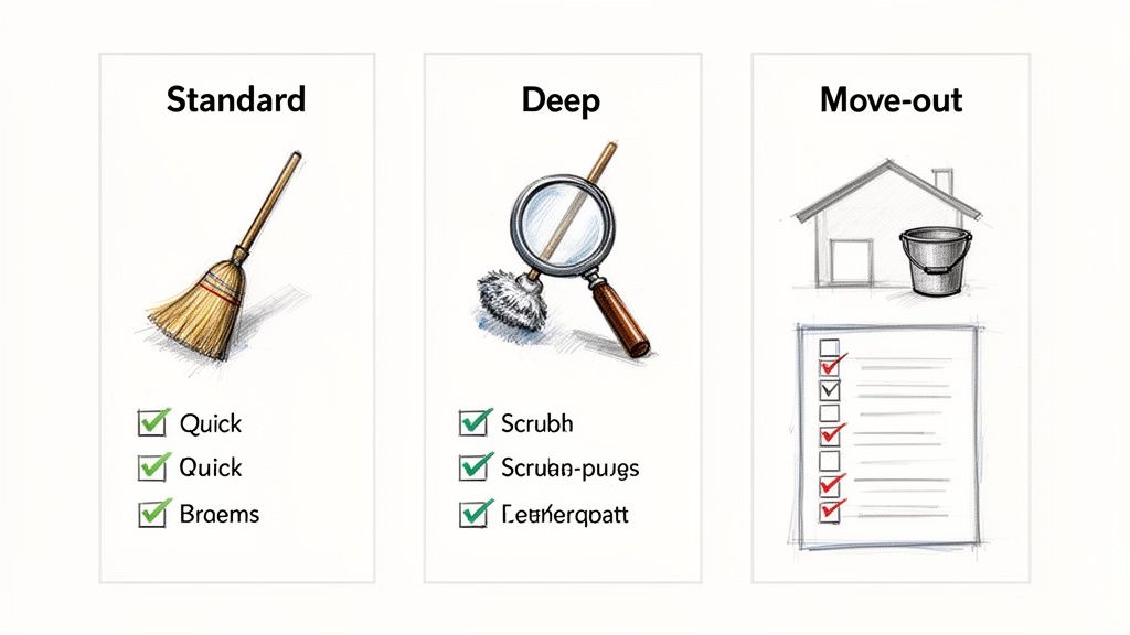 Visual guide illustrating three types of cleaning services: Standard, Deep, and Move-out, with corresponding tools and checklists.