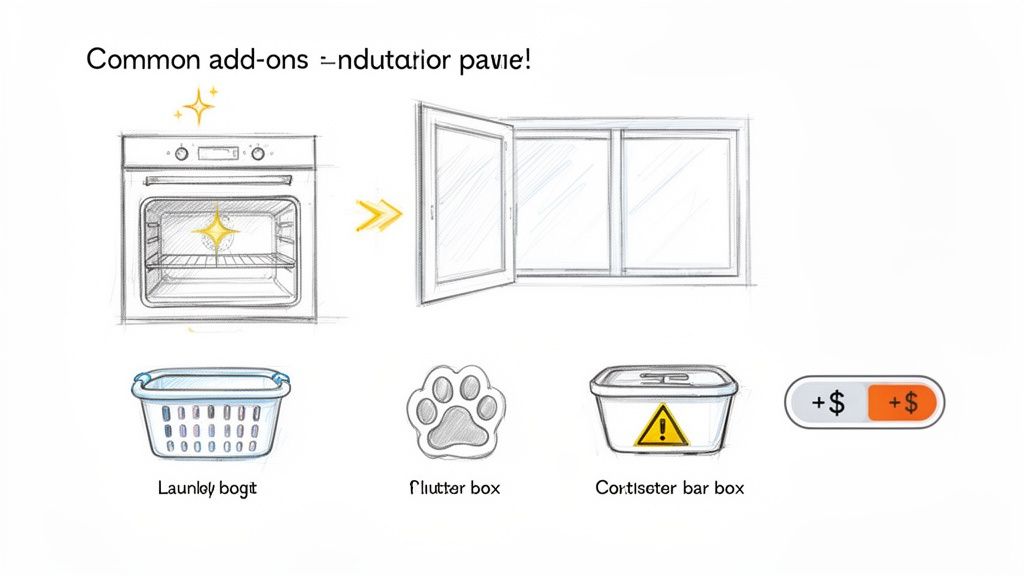 Sketch illustrating common household add-ons, including a clean oven, windows, a laundry basket, a paw print, and cost indicators.