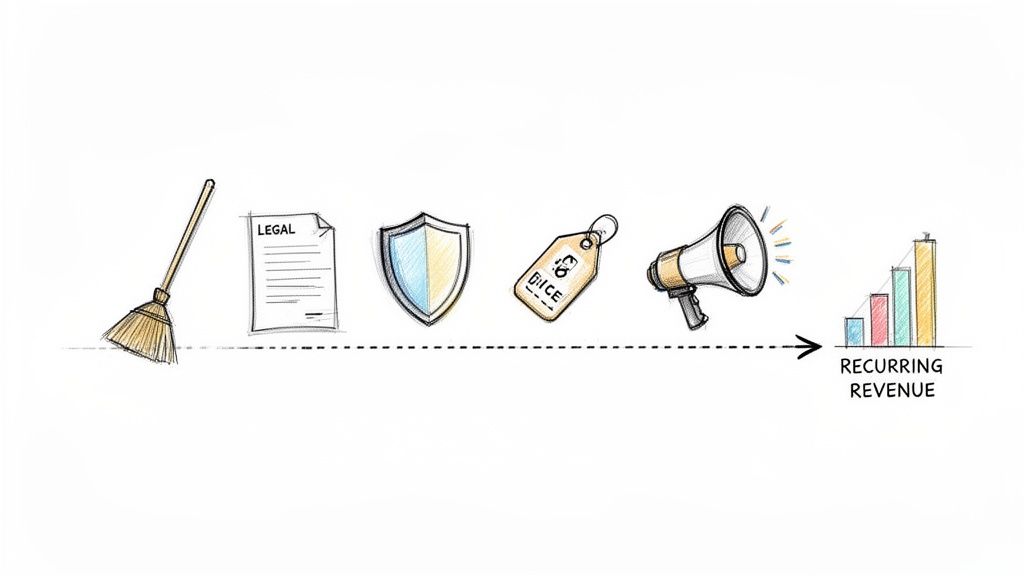 Icons depict business startup steps: cleaning, legal, security, pricing, and marketing, leading to recurring revenue.