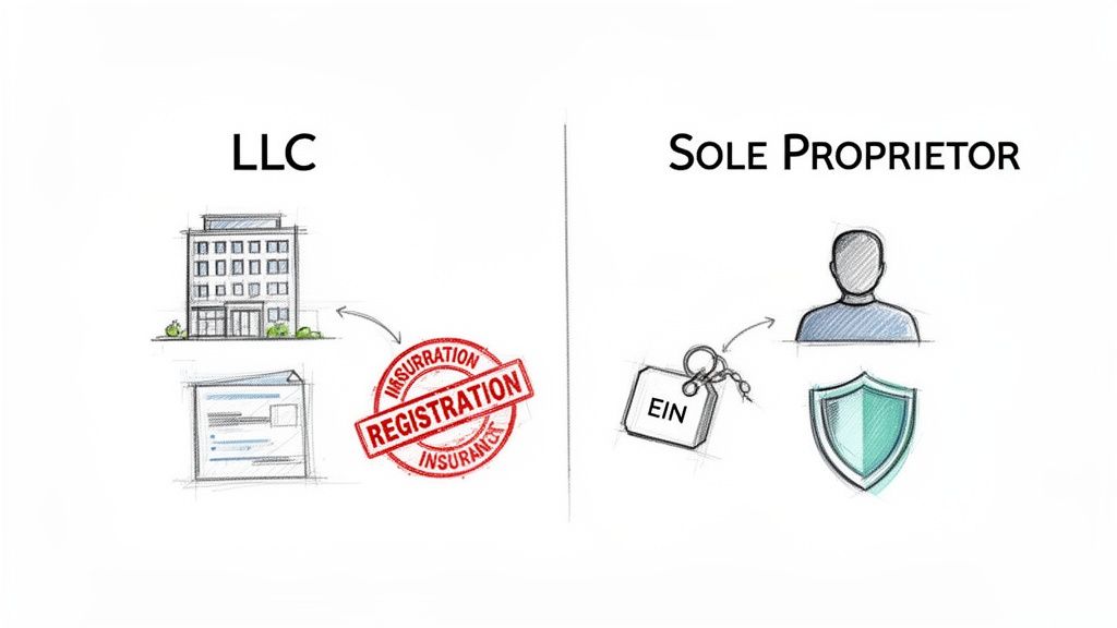 Illustration comparing LLC and Sole Proprietor business structures with associated elements like registration and EIN.