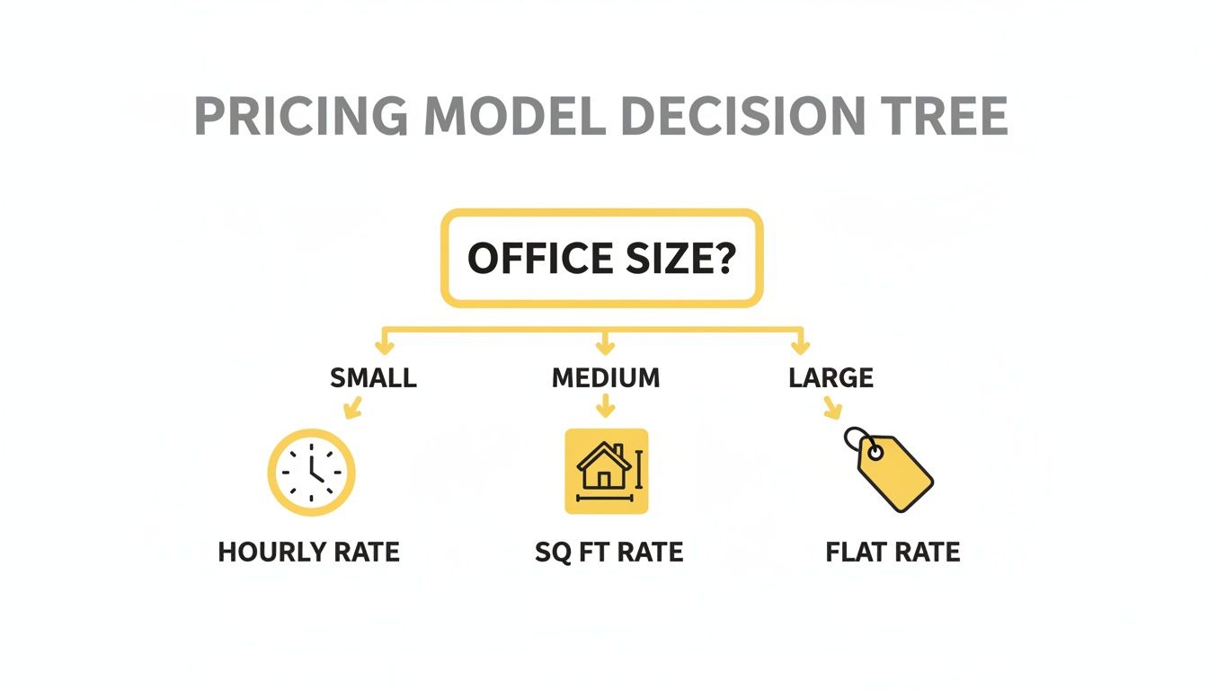A decision tree illustrating pricing models based on office size: small (hourly), medium (sq ft), large (flat rate).