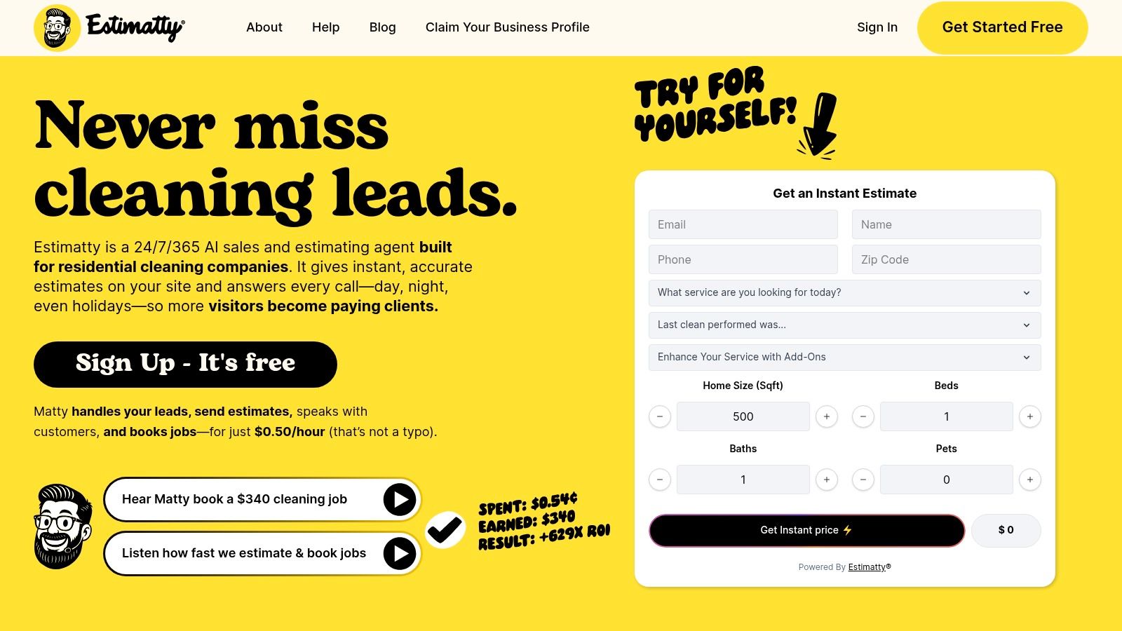 A screenshot of the Estimatty chat widget on a cleaning company's website, showing an automated conversation to generate a deep cleaning estimate.
