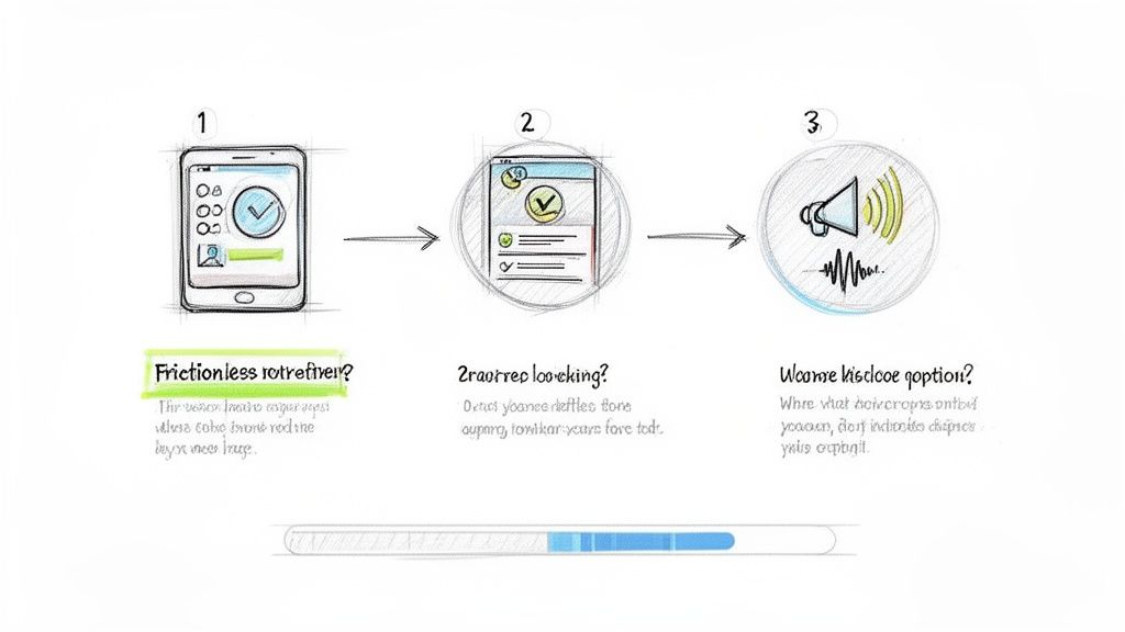 Hand-drawn sketch illustrating a three-step digital process involving a mobile app, web interface, and audio output.