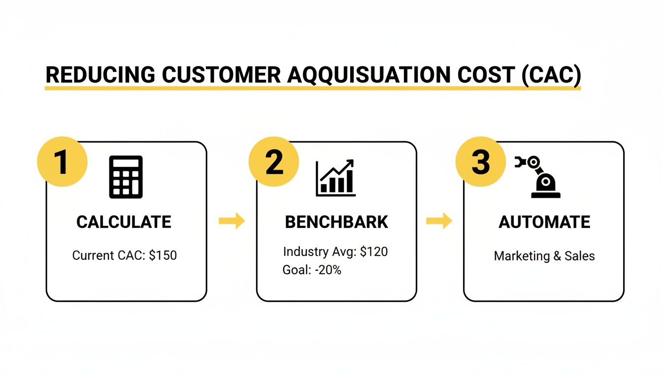 A three-step infographic explaining how to reduce customer acquisition cost (CAC).