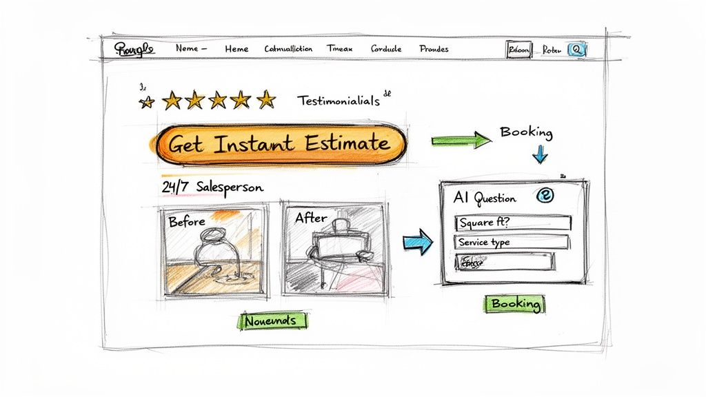 Hand-drawn website sketch with 'Get Instant Estimate' button, 4.5-star rating, 'Before/After' desk images, and an AI booking form.