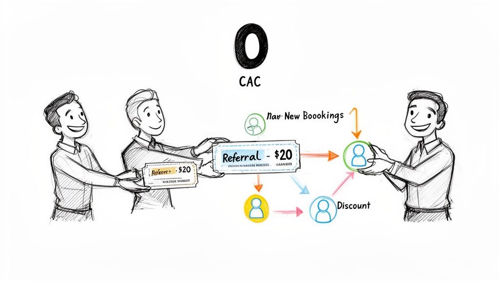 Diagram explaining how a referral program helps reduce customer acquisition cost with $20 tickets.
