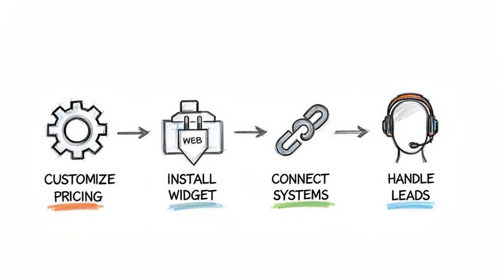 Four-step process: customize pricing (gear), install widget (web icon), connect systems (link), and handle leads (headset).