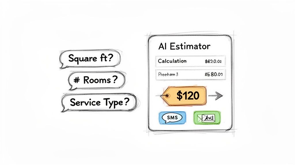 A sketched diagram showing inputs for an AI estimator, including square footage and rooms, resulting in a $120 estimated price.