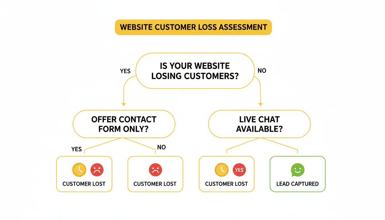 Flowchart assessing website customer loss, illustrating how live chat availability impacts lead capture.