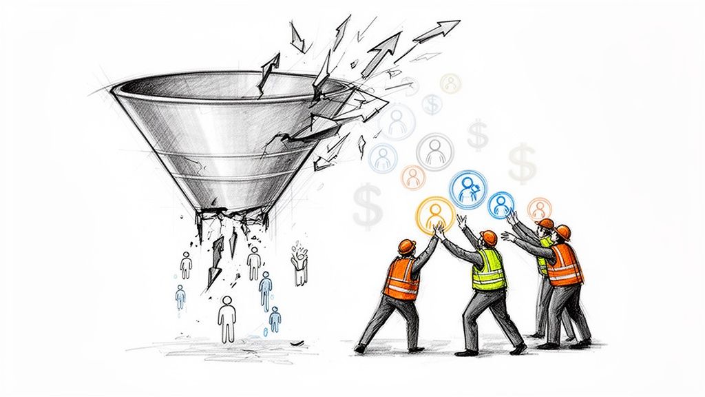 Workers collecting leads and revenue escaping a broken marketing funnel, symbolizing growth and efficiency.