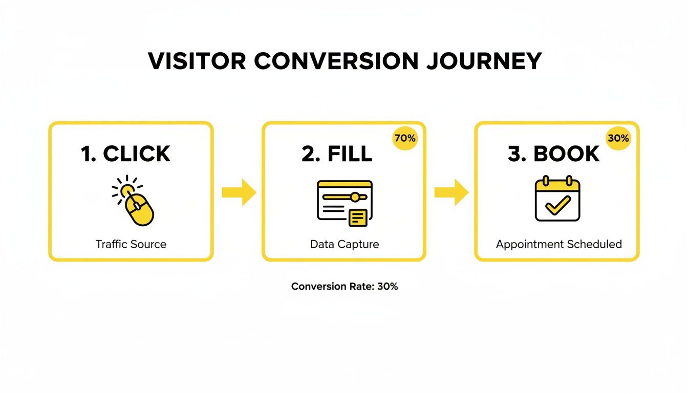 Diagram showing a visitor conversion journey from click (traffic) to fill (data capture, 70%) to book (appointment, 30%).