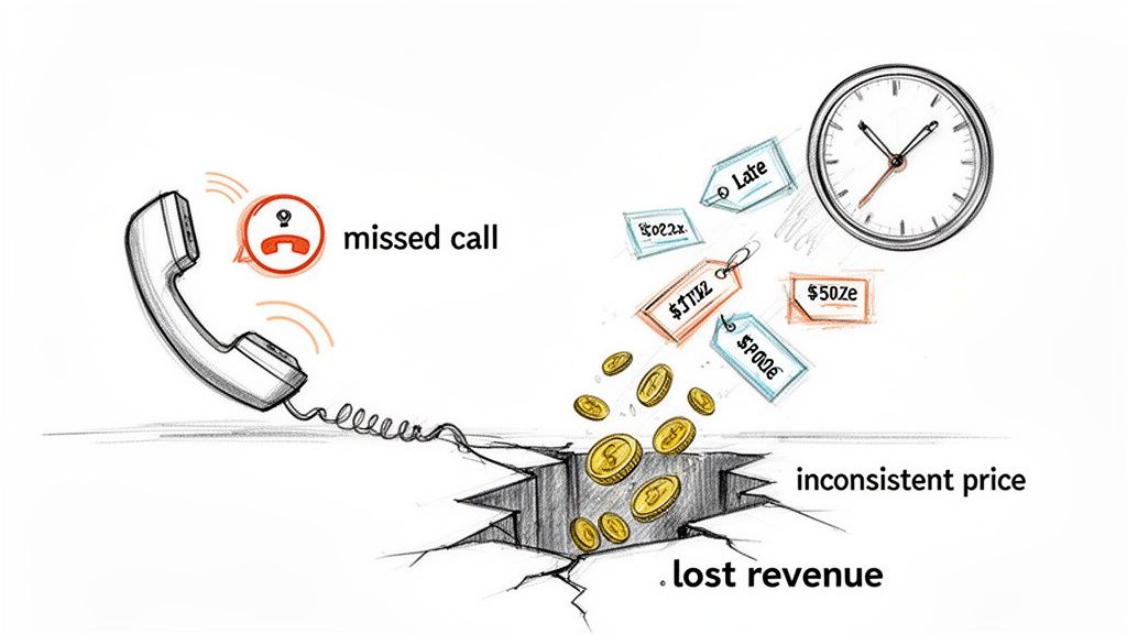 Sketch illustrating how missed calls, late service, and inconsistent pricing result in lost revenue.