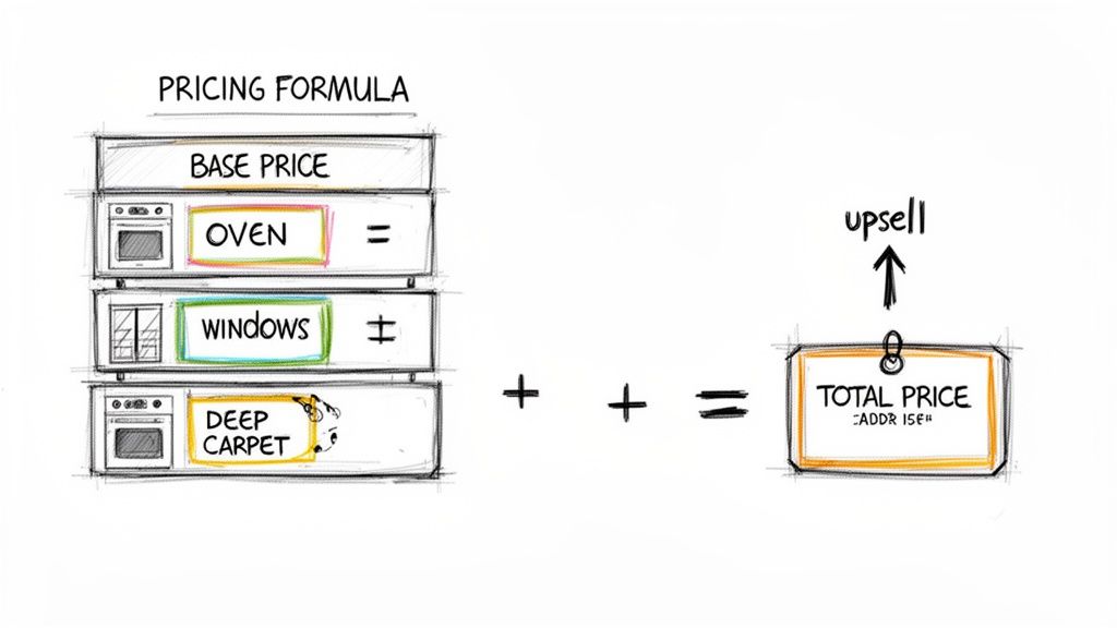 A diagram illustrates a pricing formula for cleaning services: base price plus oven, windows, and deep carpet services equals total price with an upsell.