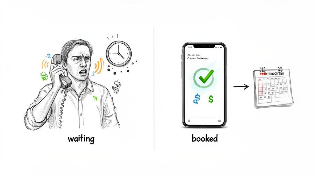 Illustration contrasting a man waiting on the phone with a quick, confirmed app booking and calendar scheduling.