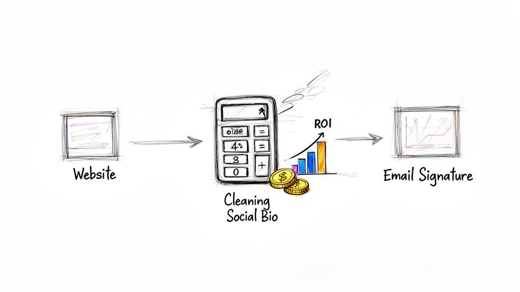 Diagram showing a website leading to a calculator for cleaning social bios, generating ROI, and then to an email signature.
