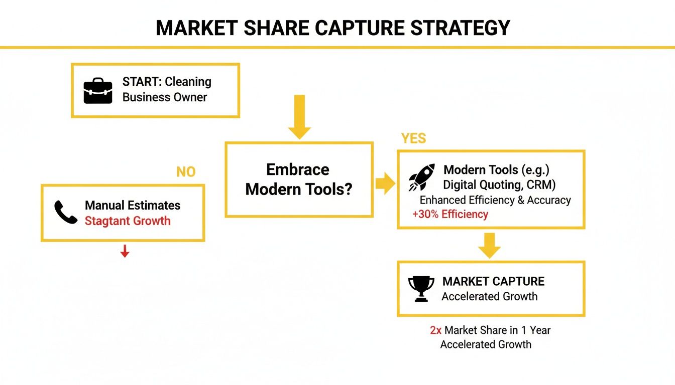 Flowchart illustrating how embracing modern tools like digital quoting leads to accelerated market share growth for cleaning businesses.