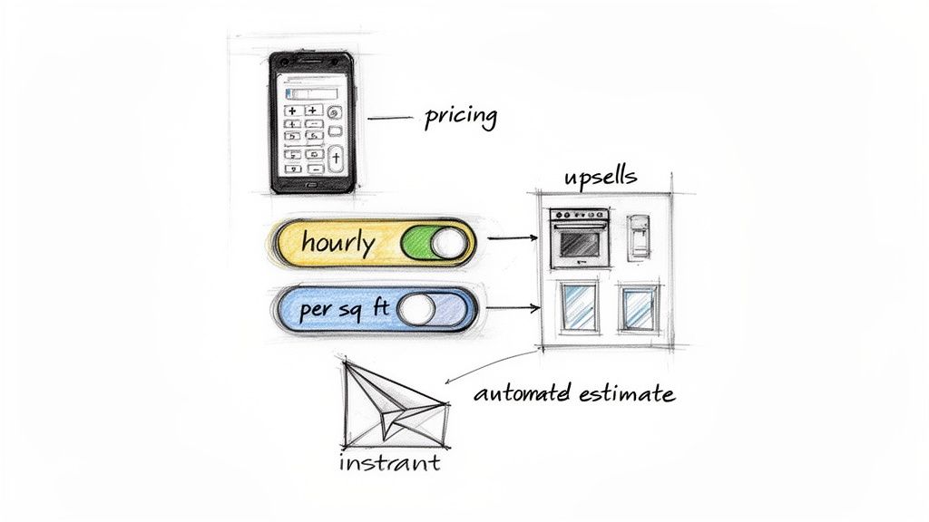 A sketch diagram illustrating a mobile app for pricing, offering hourly and per square foot options, upsells, and instant automated estimates.