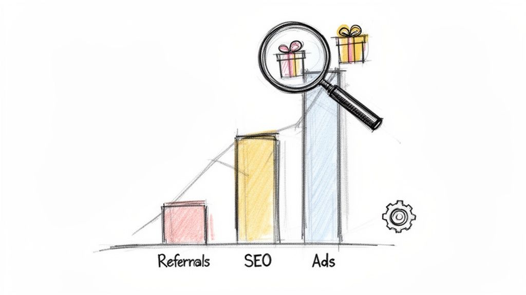 Hand-drawn bar chart illustrating lead sources: referrals, SEO, and ads, with gift boxes for potential.